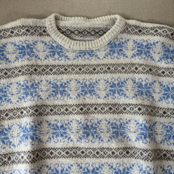 Handmade Knit VTG Fair Isle Wool Blend Nordic Ski Sweater Grey Blue S/M Outdoors - Picture 2 of 12